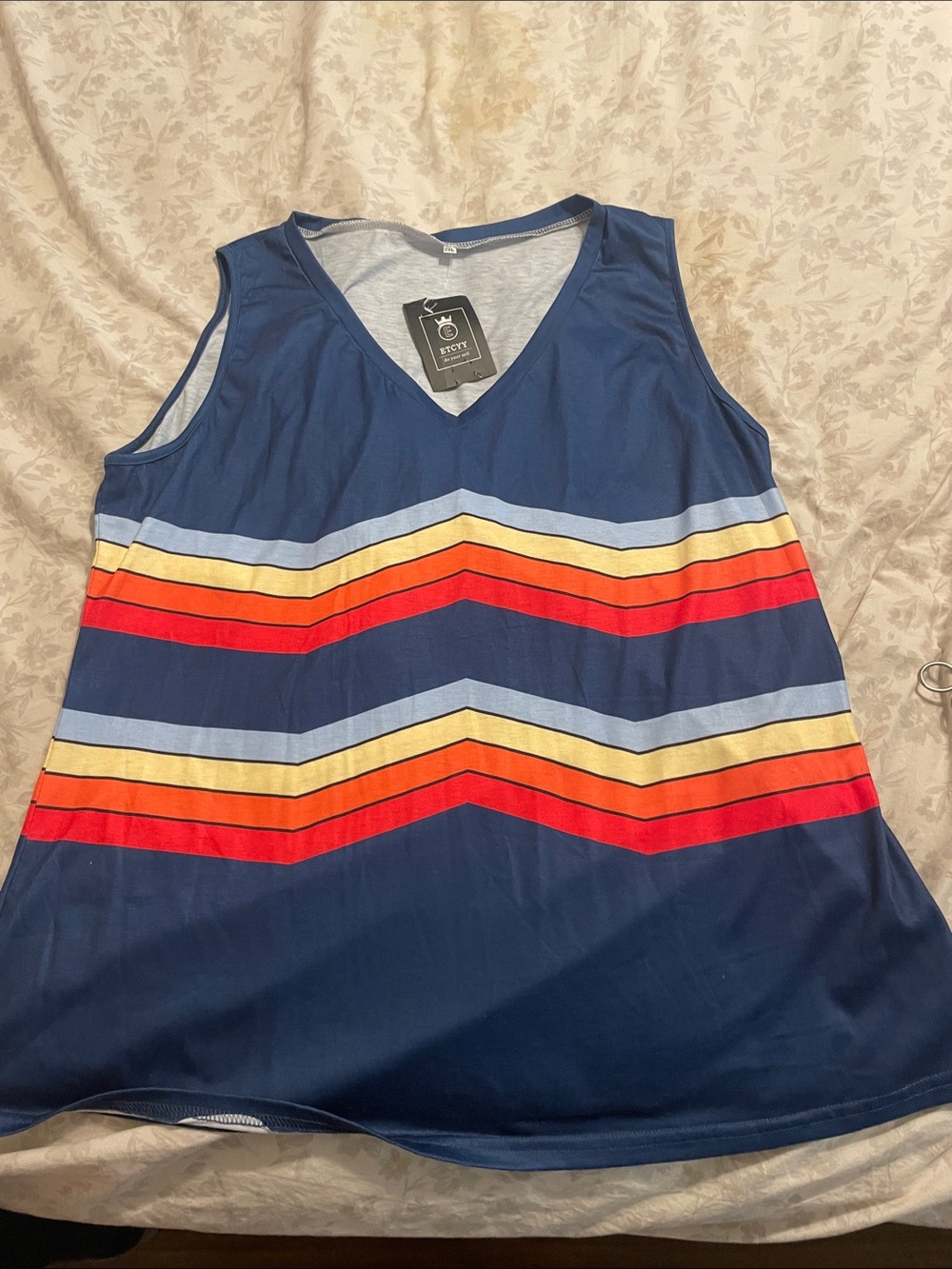 ETCYY Blue & Light Gray Chevron V-Neck Top